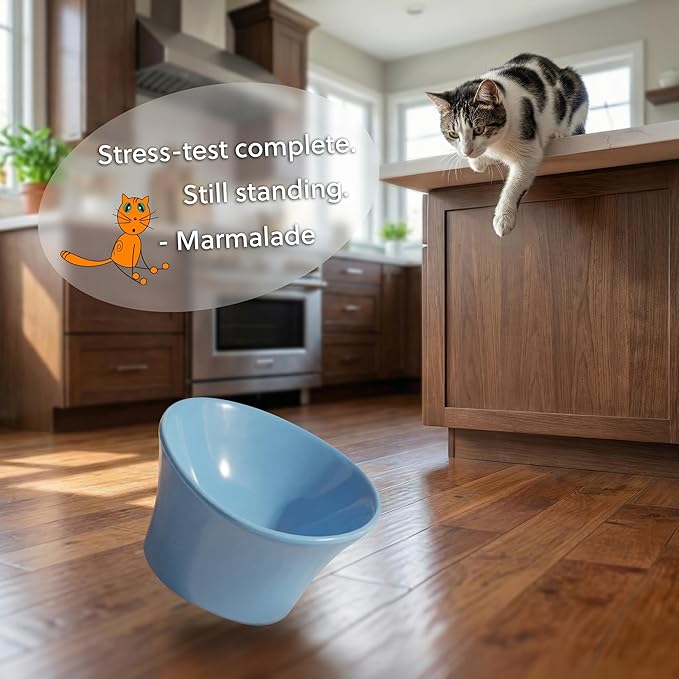 Elevated Cat Bowls for Water – Whisker & Neck Fatigue Shallow Cat Dishes – Raised Bowl for Indoor Cats – Vet-Recommended Height, Modern Pedestal Design – Non-Slip & Dishwasher-Safe – 8 oz Powder Blue
