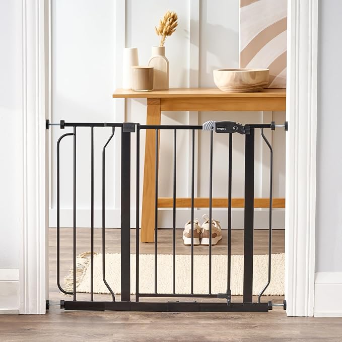 Regalo Safety 29"-38.5" Easy Step Baby Gate, Bottom of Stairs & Doorways | Pressure Mounted with Door, For Babies, Toddlers & Pets, Black, Tested & Trusted for 30 Years