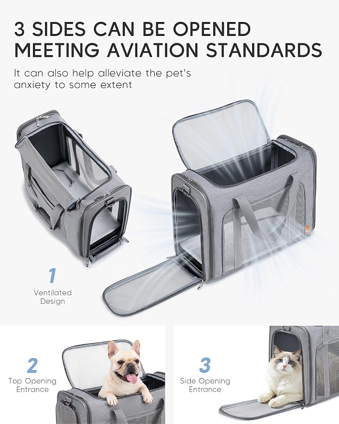 55x40x23 cm Soft-Sided Pet Carrier Bag Large Cat Small Dog Carriers | Up To 26lbs For Medium Cats Dogs Puppies Collapsible Travel Puppy Carrier with Foldable Bowls ,Grey