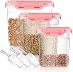 Patelai 6 Pcs Dog and Cat Food Storage Containers with Scoops Set Plastic Pet Food Storage Containers Stackable Airtight Dry for Kitchen 1.27 Qt, 2.4 Qt, 4 Qt(Pink)