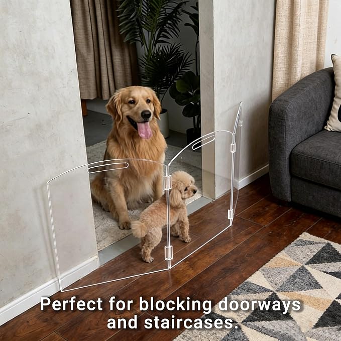 Clear Acrylic Freestanding Dog Gates for The House – Folding 3-Panels Pet Gates for Doorways,Indoor Stairs,and Hallways,No Assembly Transparent Barrier for Dogs,Puppies,and Cats
