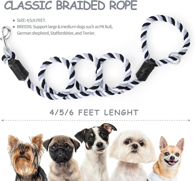 Mile High Life Rainbow Dog Leash Braided Cotton Rope w Leather-Wrapped Ends | Rust-proof 360° swivel clasp, Heavy-duty for medium/large breeds. Great for weddings, daily walks (4FT, 1/2", Black/Gray)