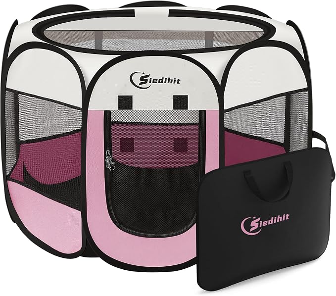 Sieidihit Dog Cat Pet Playpen Puppy Crate Cage Indoor Outdoor, Small Pink | Rest Zone for Recovering Pets New Pet Quarantine Room Portable Pop Up Easy to Set up lightweight dog Kennel with Carrying Bag