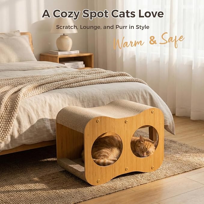 Avont 2-in-1 Cat Scratcher with Reversible Scratching Board, Curved | Protects Furniture, Durable Wooden Frame, Easy Assembly, Tunnel