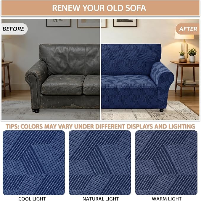 ZNSAYOTX Stretch Couch Covers for 3 Cushion Couch, 1-Piece Sofa Cover Slipcover Pet Friendly, Furniture Protector with Elastic Bottom for Dogs Geometrical Jacquard Fabric (Large, Navy Blue)