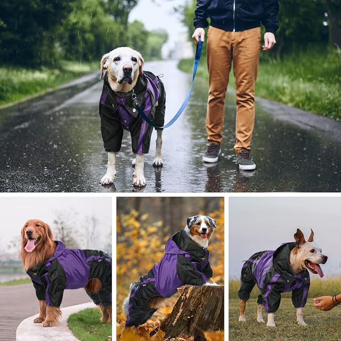 Dog Raincoat, 4 Leg Waterproof Dog Rain Jacket with Hood, Purple S | Rain Coat For Small Dogs, Doggy Poncho With Leash Hole, Snap Buttons, For Rainy Snowy Weather Walks, Hiking, Camping