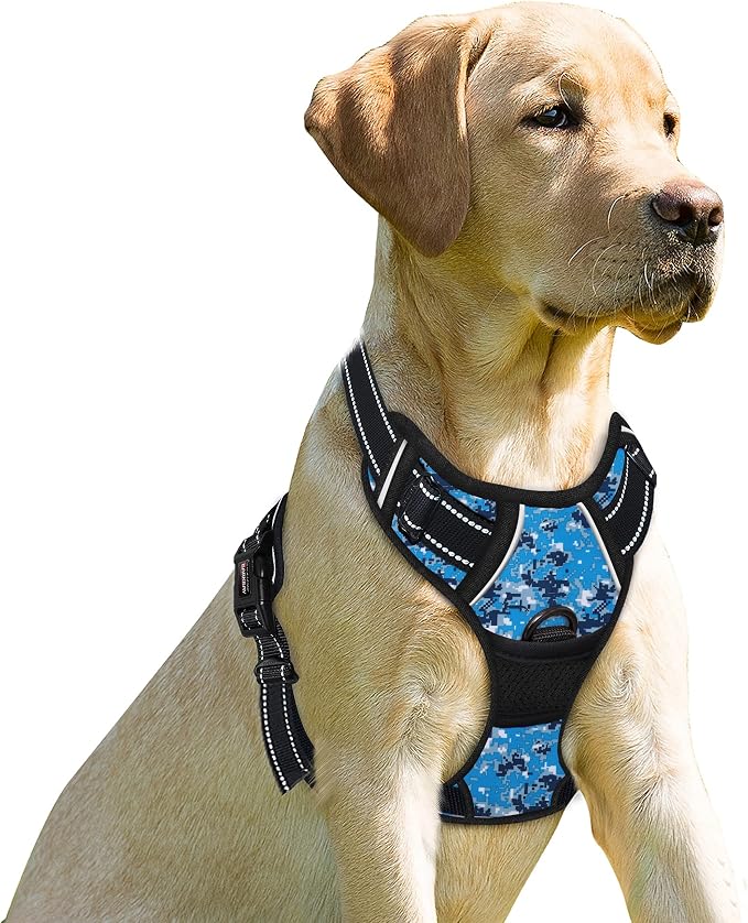 BARKBAY No Pull Dog Harness Front Clip Heavy Duty Reflective Easy Control Handle for Large Dog Walking(Blue camo,L)