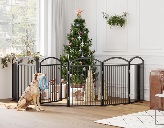 Folding Pet Fence 144" Wide, 32" Tall,Freestanding Dog Gate with Door,Black | 6 Panels No-Assembly Metal Pet Fence Walk Through,Extra Accordion Puppy Folding Playpen for Doorways, Stairs,House