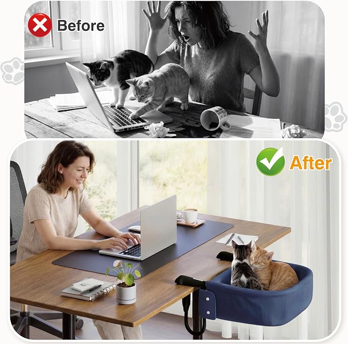 Extra-Sturdy Cat Desk Bed for Large Cats 50lbs Desk Cat Bed Attachment | for Desktop under 3", Heavy Duty, Paw Design, Waterproof, Dual-Sided Mat, Easy Assembly for Gaming Desk & Kitchen Island