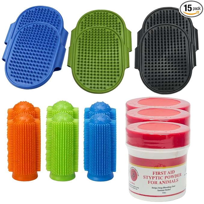 Pet Grooming & Care Kit with Styptic Powder – Dog & Cat Bath Brush, Finger Toothbrush Set, 1oz Pet Nail Stop Bleeding Powder – Complete At-Home Grooming Bundle (15, Multicolor)