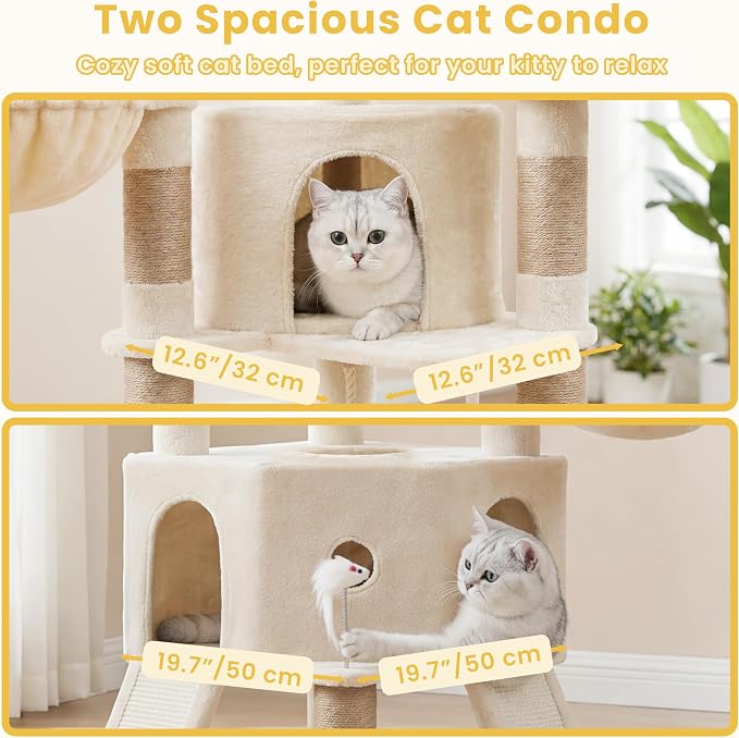 Cat Tree, 73-Inch Sturdy Corner Cat Tower for Large Cat VCT021MJ | Cat Furniture with Wide Top Perch, 2 Spacious Condos, 2 Cozy Baskets, 2 Scratching Boards & Interactive Toy, Beige