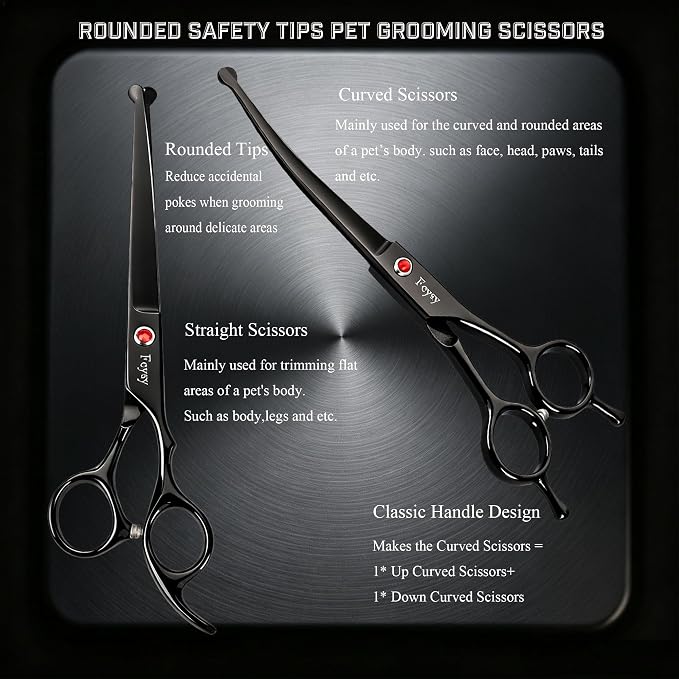 Fcysy 8-Piece Dog Grooming Scissors Set, 7 Inch Rounded Tip Pet Shears Kit | Straight, curved, thinning and chunker tools for trimming, contouring, blending and texturizing dog coats