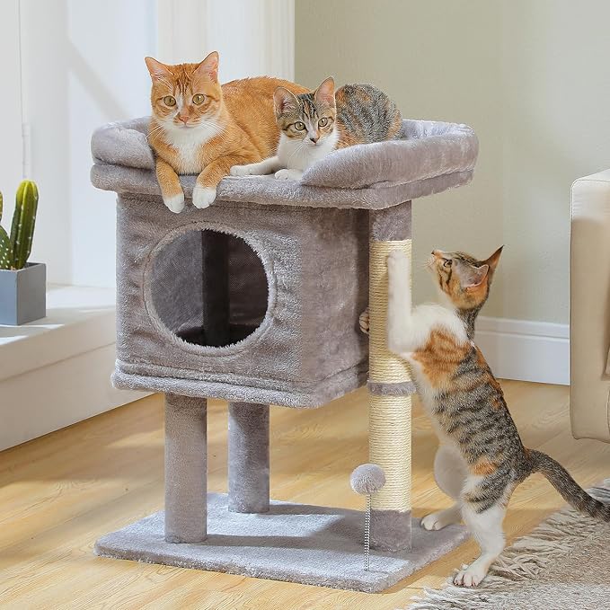 PAWZ Road 26" Cat Tree for Indoor Cats, Small Tower with 19X13”Bed | Cozy Cat Condo with Tall Sisal Posts & Spring Ball, Raised Edge Bed Keeps Cats Secure Compact for Corners or by Window