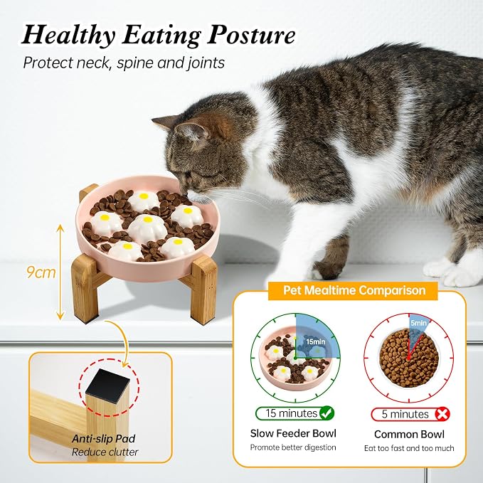 Elevated Ceramic Slow Feeder Cat Bowl with Anti-Slip Bamboo Stand | 6.3" Wide Whisker Friendly, Slow Eating 3x, Dry & Wet Food, Cute Flower-Shaped Maze, Microwave & Dishwasher Safe, White