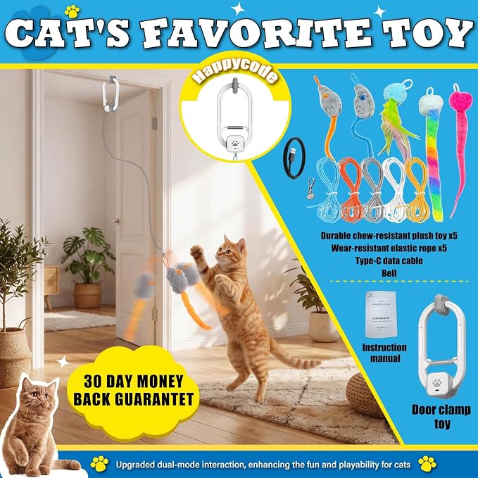 Interactive cat toy, Electric cat teaser, Door clip, 2 Motion modes,Gray | 360° Rotation • Random Jumping • Type-C Rechargeable • Door Clip Design • For Indoor Cats