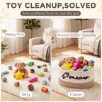 Cat Toy Basket with Cat Ear Handles, 19.5 x 11 x 9 in Woven Cats Toy Bin, Large Two-tone Cotton Rope Storage Box, Meow Words Organizer for Toys, Blankets, Home Decor (White, Linen)