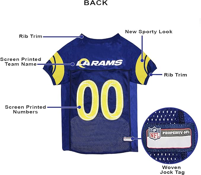 Pets First NFL Los Angeles Rams Dog Jersey, Size Large, Football Shirt Costume for Pet, Dog Sports T-Shirt, NFL Team Clothing for Cats, Licensed Pet Apparel Available in 7 Sizes and 32 Teams