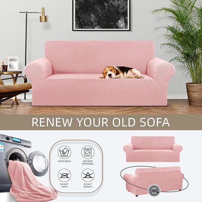 Stretch Loveseat Couch Cover, 2 Cushion Couch Slipcover,Dusty Pink | 1-Piece Washable Sofa Cover Pet Friendly (55"-78") Furniture Protector Soft Jacquard, Elastic Bottom for Dogs & Kids