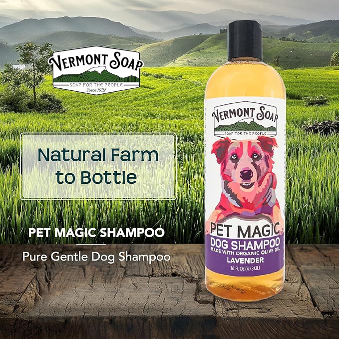 VERMONT SOAP Organic Pet Shampoo, Lavender Natural Dog Shampoo, 16 oz | Lavender scent, organic olive oil, coconut & aloe vera, soothing pet care, USDA Certified Organic, sensitive skin formula