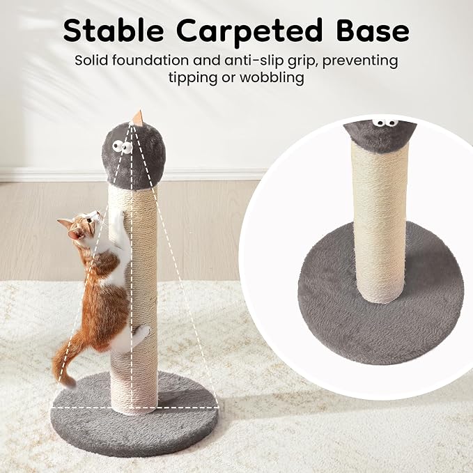 Cat Scratching Post for Small Space, 22'' Scratching Posts for Indoor Cats Adults, Extra Wide 13.4" Stable Base & Natural Sisal, Cute Cat Scratching Post with Short Plush Fabric for Large Cats, Gray