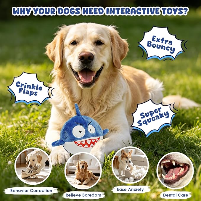 XIAPIA 3-in-1 Plush Shark Squeaky Dog Toys for Aggressive Chewers | No Stuffing Interactive Dog Toys, Hidden Squeaky Ball & Crinkle Paper, Chew Fetch Toy for Small Large Puppy, Birthday Gift