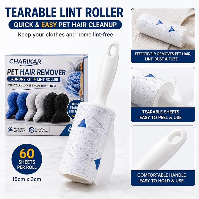 Pet Hair Remover for Laundry, 6 Reusable Laundry Sponges + Tearable Lint Roller, Pet Hair Remover for Clothes, Bedding, Furniture, Sofa, Car Seats, Dog & Cat Hair Remover