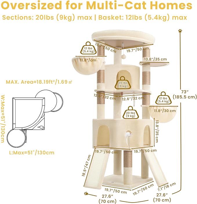 Cat Tree, 73-Inch Sturdy Corner Cat Tower for Large Cat VCT021MJ | Cat Furniture with Wide Top Perch, 2 Spacious Condos, 2 Cozy Baskets, 2 Scratching Boards & Interactive Toy, Beige