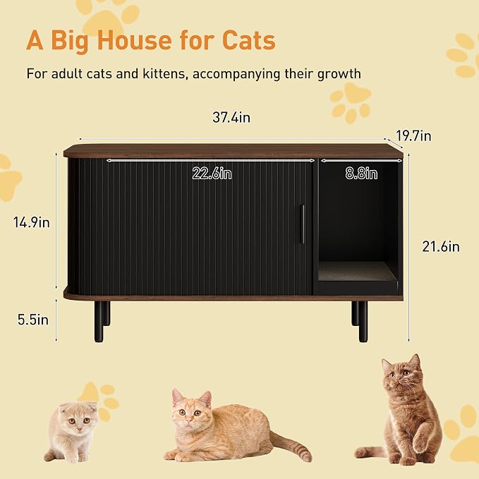 Halitaa 37.4" Cat Litter Box Enclosure with Scratch Pad, Sliding Door | Litter Box Enclosure Furniture Hidden Litter Box, Modern Indoor Cat House, TV Stand, Side End Table for Living Room, Black