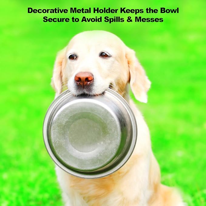 Set of 2 Stainless Steel Dog Bowls - 40oz Pet Bowls with Decorative Dog Food Stand - Metal Food and Water Dishes for Large Pets - Puppy Essentials by PETMAKER (Silver/Black)