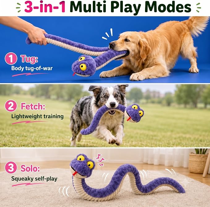 Squeaky Dog Plush Chew Toy, Interactive Tug Squeaky Toy for Chewers, Medium & Large Dogs & Fetch Play, 39.4 in Stuffed Silly Snake Toy with Elastic Stretchable Body for Gentle Gum Care&Boredom Relief