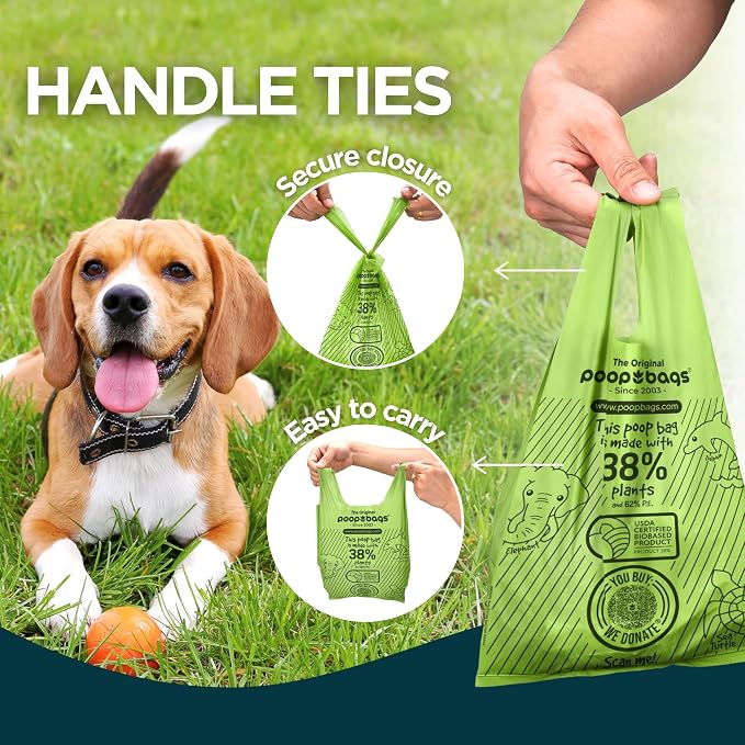 The Original Poop Bags® Dog Waste Bags with Handles - Heavy-Duty & Leak-Proof, USDA Certified 38% Plant-Based, Unscented, Easy Tie-Handle Poop Bags for All Size Dogs (360 Count)
