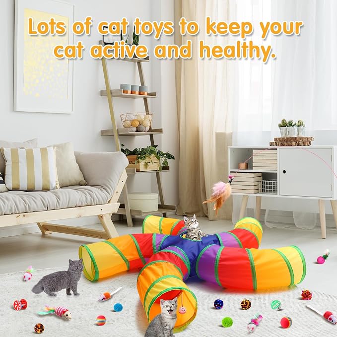 Poen 21 Pcs Cat Tunnel for Indoor Set Collapsible 5 Way Tubes with 20 Pcs Cat Kitten Toys Interactive Feather Toy Mouse Crinkle Balls Tube for Puppy Kitten Rabbit(Colorful)