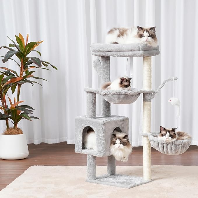Heybly Cat Tree, 40" Tower with All-Sisal Wrapped Scratching Post HCT006SW | Cat Tower for Indoor Cats, Cat Condo with Soft Platform, 2 Baskets and Dangling Toy, Light Gray