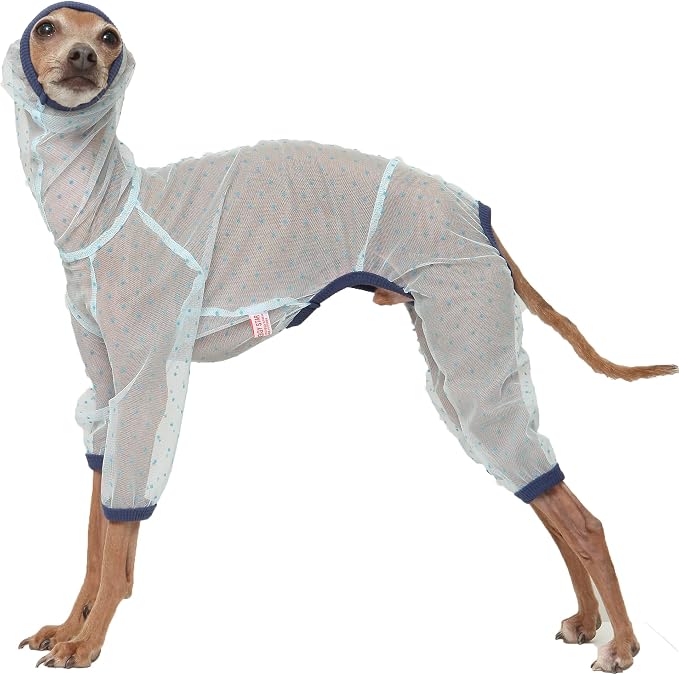 D Doggy Star Italian Greyhound Clothes Sheer Mesh Onesie Summer Jumpsuit Breathable Full Body Protection for Outdoor Walks Small Whippet Fit (M,Sheer Mesh Blue)