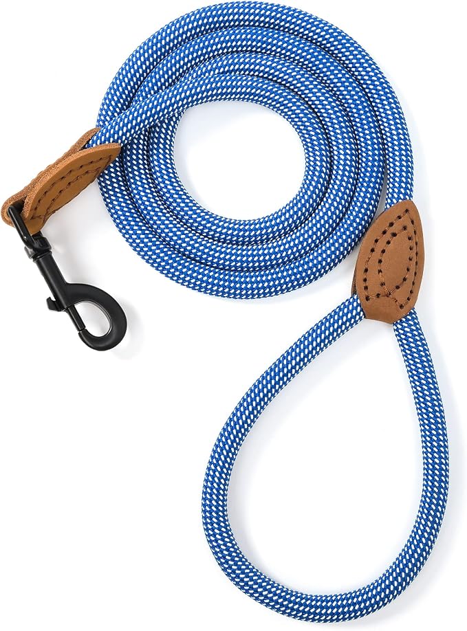 Mile High Life Dog Leash with Genuine Leather Connection, 6 FT/5 FT/4 FT | Rope Leash, Heavy Duty 360° Swivel Metal Clasp, for Small Medium & Large Dogs (Blue White, 48 Inch)