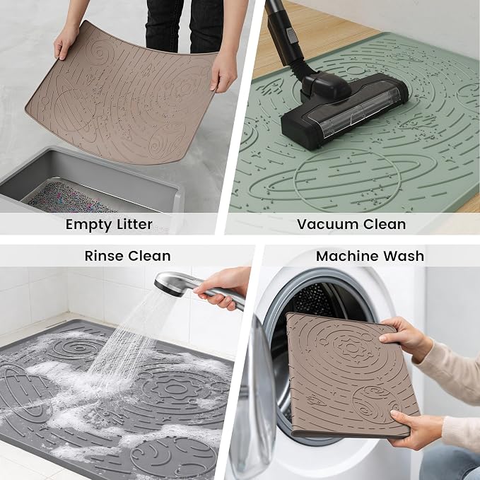 Large Cat Litter Mat 31.5x23.6" High Raised Edge Silicone, Sage Green | Galaxy pattern; waterproof floor guard; non-slip base; BPA-free; easy-rinse surface; scatter control; soft on paws