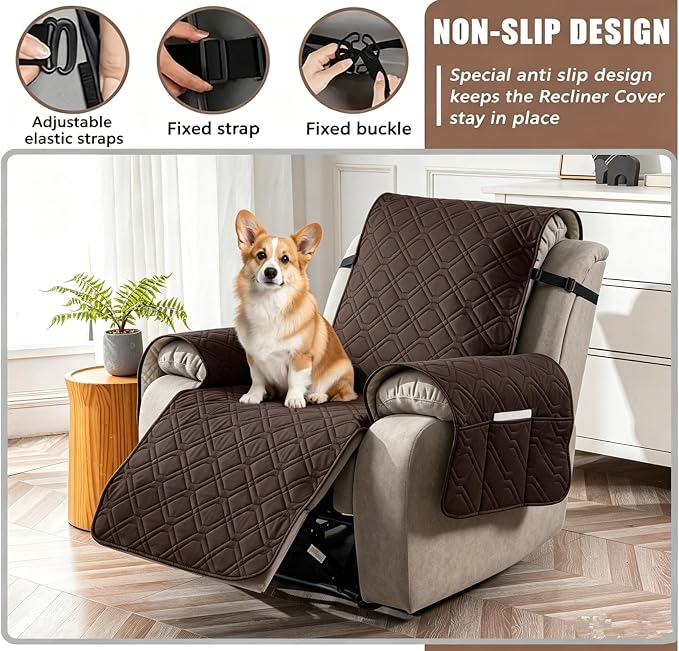 100% Waterproof Recliner Chair Cover, Non-Slip Washable Recliner Slipcover with Elastic Straps & Side Pocket, Stay in Place Furniture Protector for Dogs Cats Kids(Chocolate, 23)