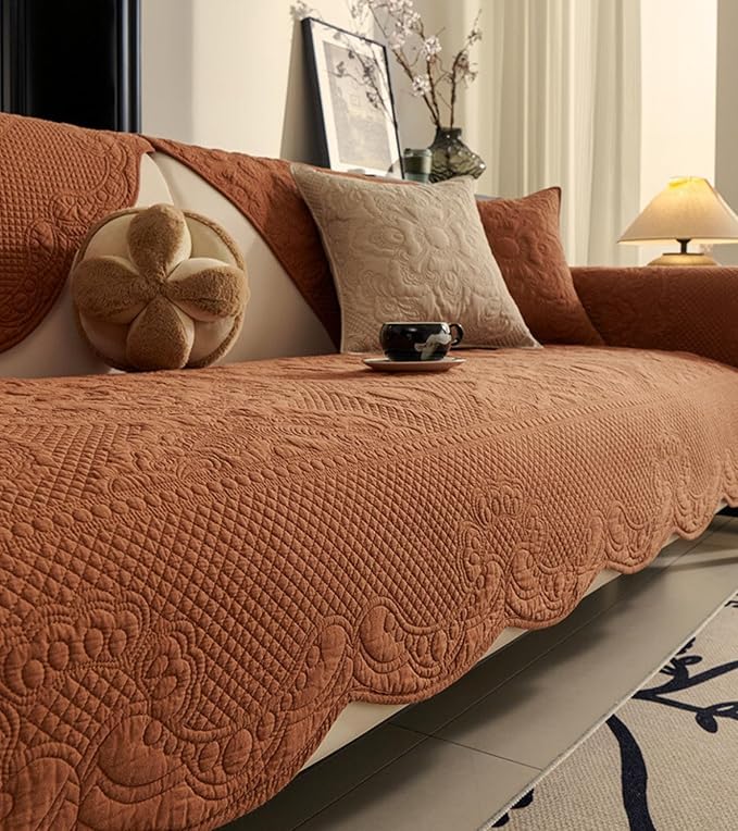 Luxury Vintage Cotton Embroidery Sofa Cover Soft Farmhouse Seat Cushion Cover Floral Quilted Sectional Couch Cover Anti-Slip Sofa Slipcovers Furniture Protector for Dogs Cats (Orange,36"x82")