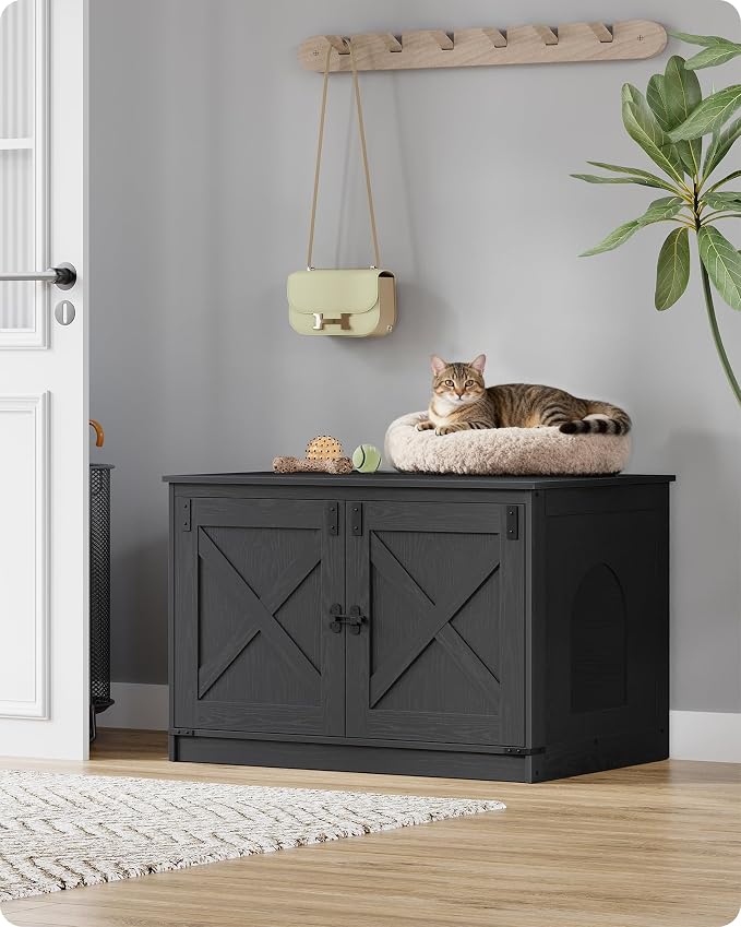 Hzuaneri Cat Litter Box Enclosure, Hidden Litter Box Furniture with Divider | Wooden Cat Cabinet with Removable Dividers, Reversible Entrance Left or Right Side, Cat Washroom, Black CB84604X