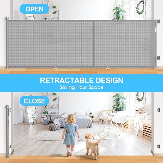 EZIGO 196 Inch Retractable Baby Gates, 41 Inch Extra Tall Retractable Gate | Reinforced Retractable Dog Gate with Rods, 16.3FT Extra Long Mesh Pet Gate for Stairs Hallways Doorway Indoor Outdoor, Gray
