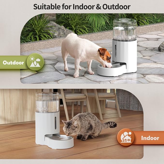 JUNSPOW Cat Water Dispenser with Filter and Stainless Steel Bowl (4L White) | Automatic Gravity Water Dispenser for Cats or Small Medium Size Dogs, Large Capacity, Easy to Clean