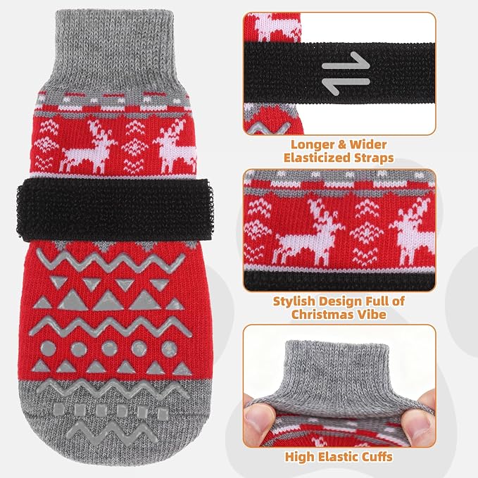 KOOLTAIL Dog Socks to Prevent Licking Paws, Dog Christmas Outfit Shoes for Winter Snow Pavement, Warm Fleece Pet Boots & Paw Protector for Hardwood Floors Anti Slip, Small Medium Large Size, Red M