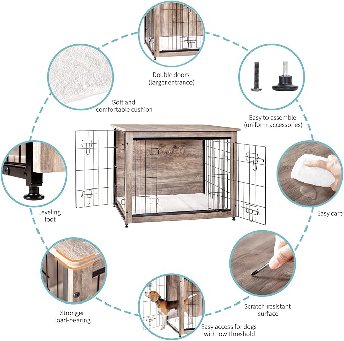 DWANTON Dog Crate Furniture with Cushion, Wooden Kennel Table with Double Doors, Indoor Dog House, Medium Size, 32.5" L, Greige