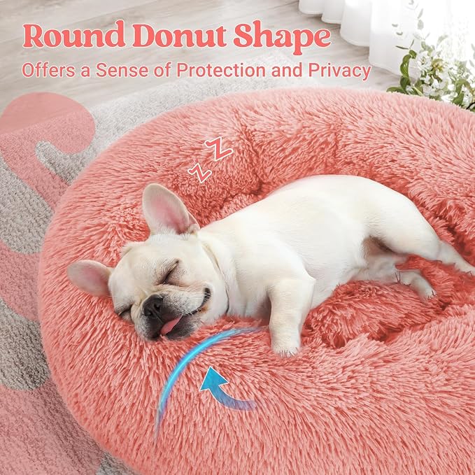 rabbitgoo Calming Cat Beds for Indoor Cats, 27 inches, Pink | Soft Warm Donut, Fluffy Faux Fur, Supportive Raised Rim, Anti-slip, Machine Washable, Up to 35lbs Pets