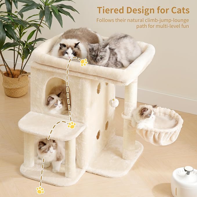 Heybly 26.3" Cat Tree for Large Cats with Big Perch & Dual Condos HCT204SM | 26.3-inch Spacious Cat Tower with Scratching Posts, Stair-Style Cat House Furniture with Cozy Basket & Pompom, Beige