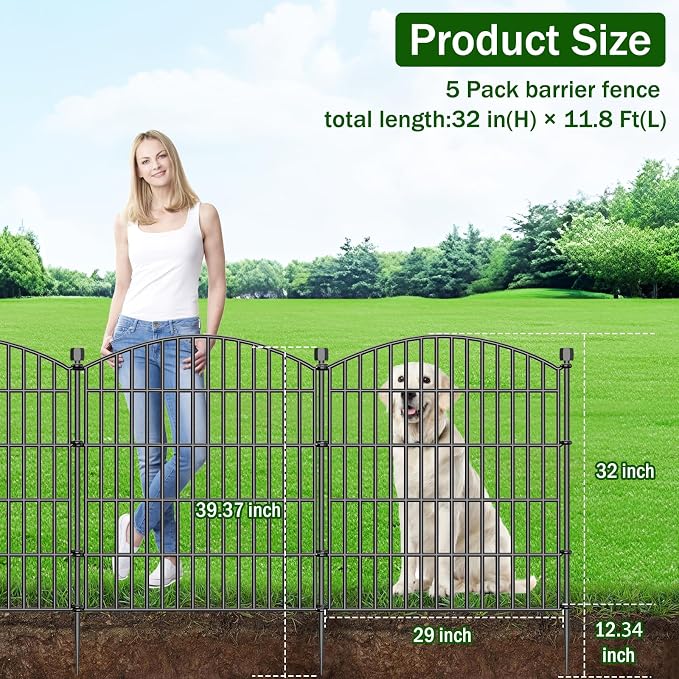 5 Panel No Dig Decorative Garden Fence with Gate 32" H x 11.8'L Dog Barrier | Rustproof welded steel with lock gate, deep stakes for yards, patios. Modular design contains pets, rabbits, small animals.