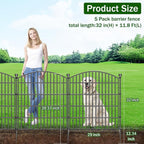 5 Panel No Dig Decorative Garden Fence with Gate 32" H x 11.8'L Dog Barrier | Rustproof welded steel with lock gate, deep stakes for yards, patios. Modular design contains pets, rabbits, small animals.