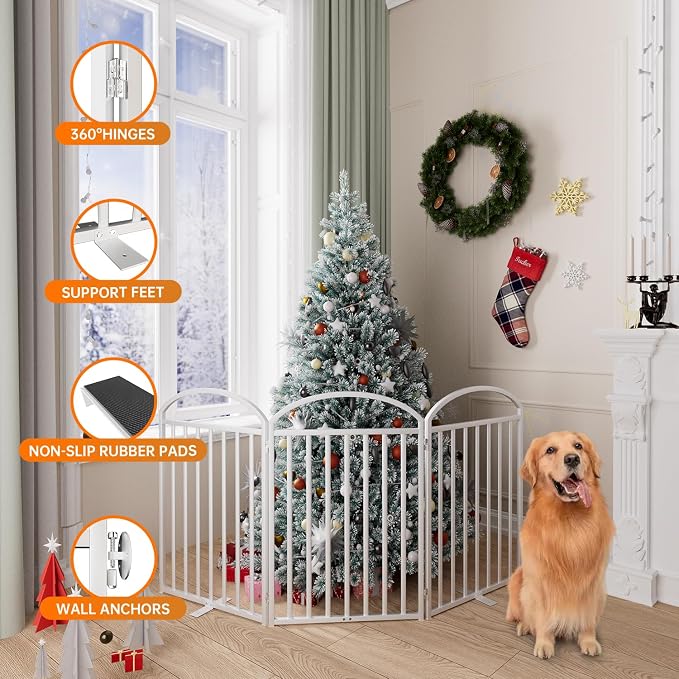 SNUOWU 3 Panles Full Matel Freestanding Dog Gates, 72" Extra Wide 32" Tall Free Standing Dog Pet Gate for Indoor & Outdoor. Foldable Pet Fences for Doorways, House, Stairs, Porch, Deck, Yard