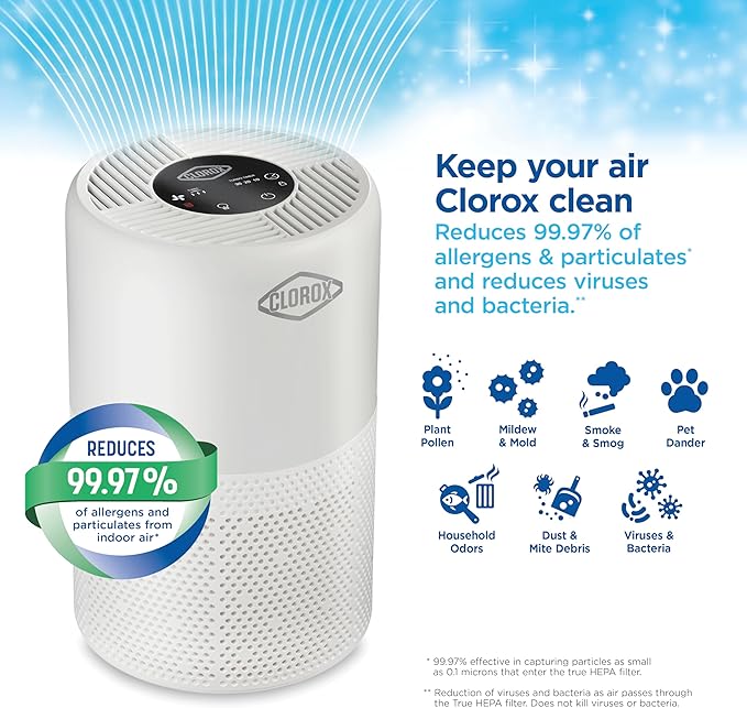 Clorox Medium Room Turbo Air Purifiers for Home With True HEPA Filter | 1,000 Sq Ft | Reduces 99.9% of Mold, Viruses, Wildfire Smoke, Allergens, Pet Allergies, Dust | Whisper Quiet