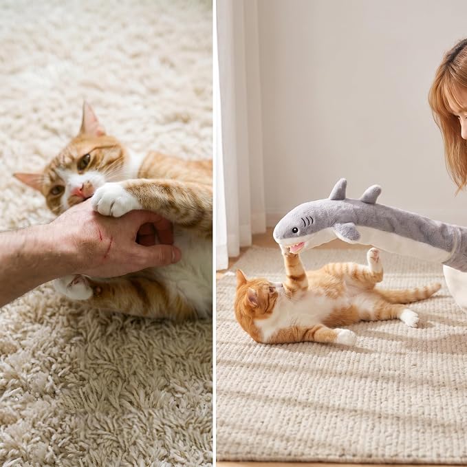 20 Pcs Cat Wrestling Glove Toy, Interactive Cat Toys for Indoor Cats | Cat Puppet, Hand & Arm Protection, Bunny-Kick Instinct, 3 Layer Shock-Absorbing 3D Mesh, Shark-Shaped